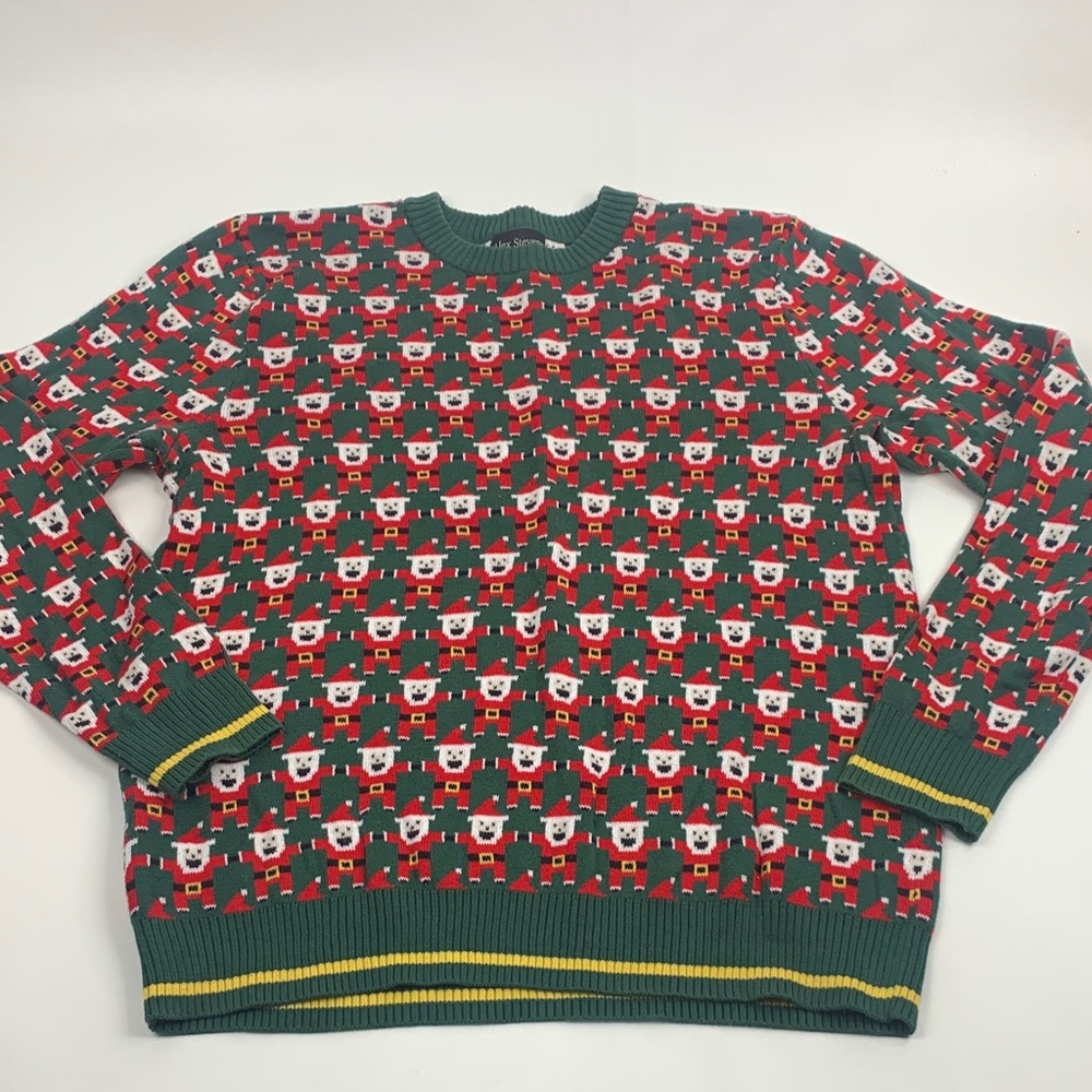 Alex Stevens Vintage Festive Green Red Yellow Santa Sweater Large Crew neck New